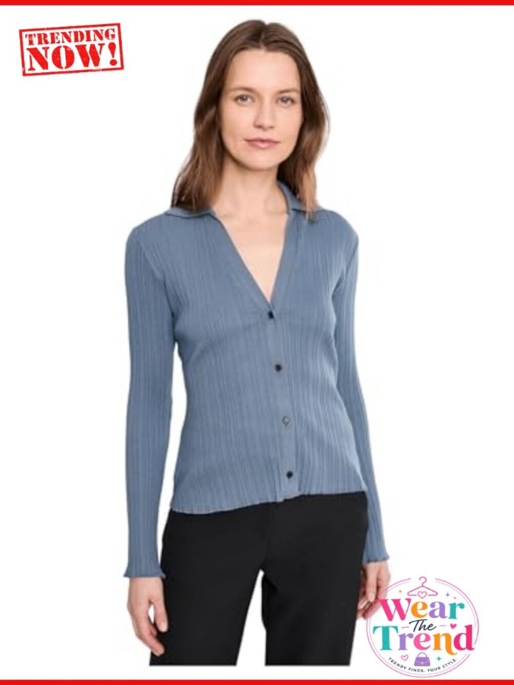 Variegated Rib Polo Fitted Long Sleeve Collared Button Top